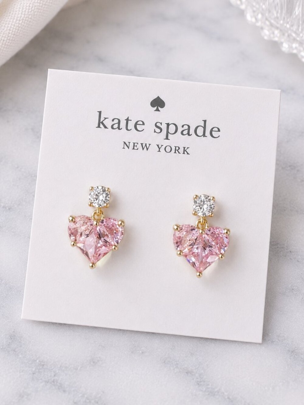 Kate Spade Pink Heart Crystal Drop Earrings Gold Romantic Earrings💗✨